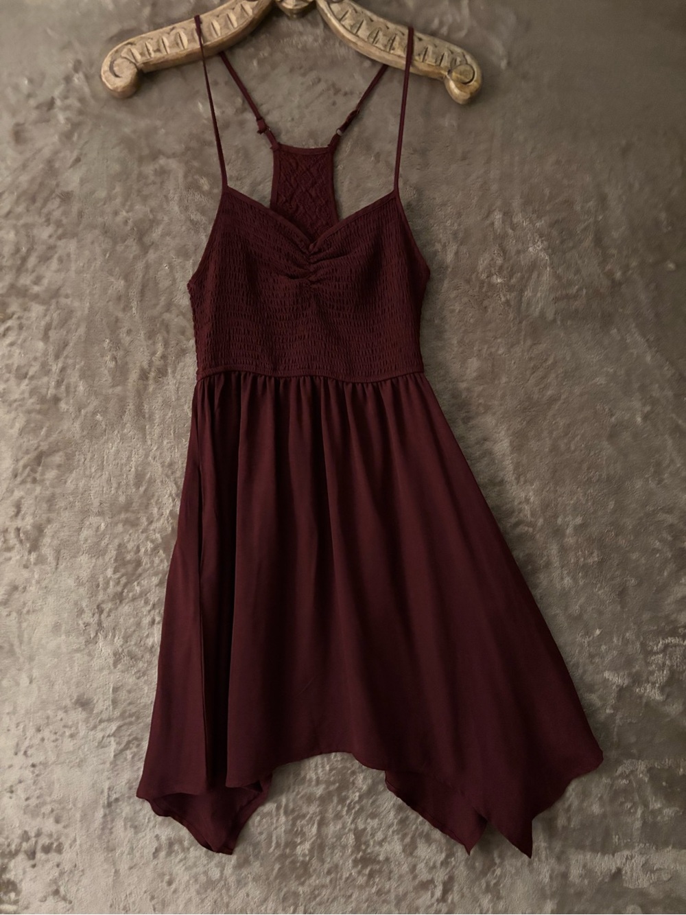 About A Girl Burgundy Handkerchief-Hem Mini Dress Women’s Size S